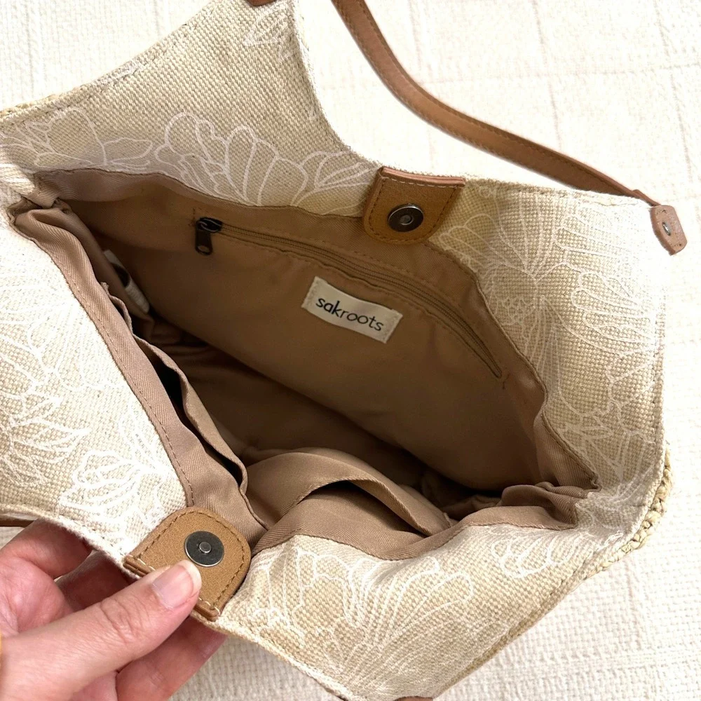 Sakroots Roma Straw Canvas Floral Boho Shoulder Bag Butterfly Charm Tan Medium